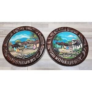 Vintage Set of 2 Honduras Hand painted signed wood carved plates 8" Diameter.